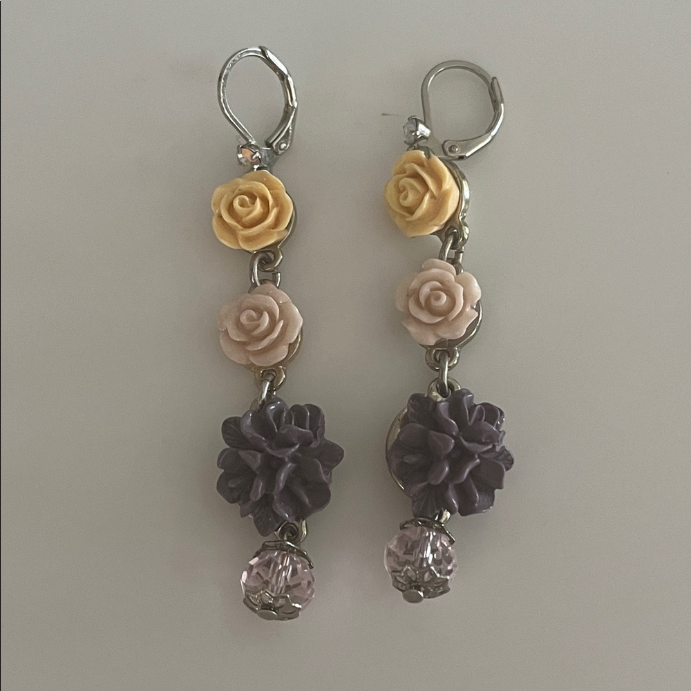 Vintage Betsey Johnson earrings dangle 2.5” Carved Flowers silver tone